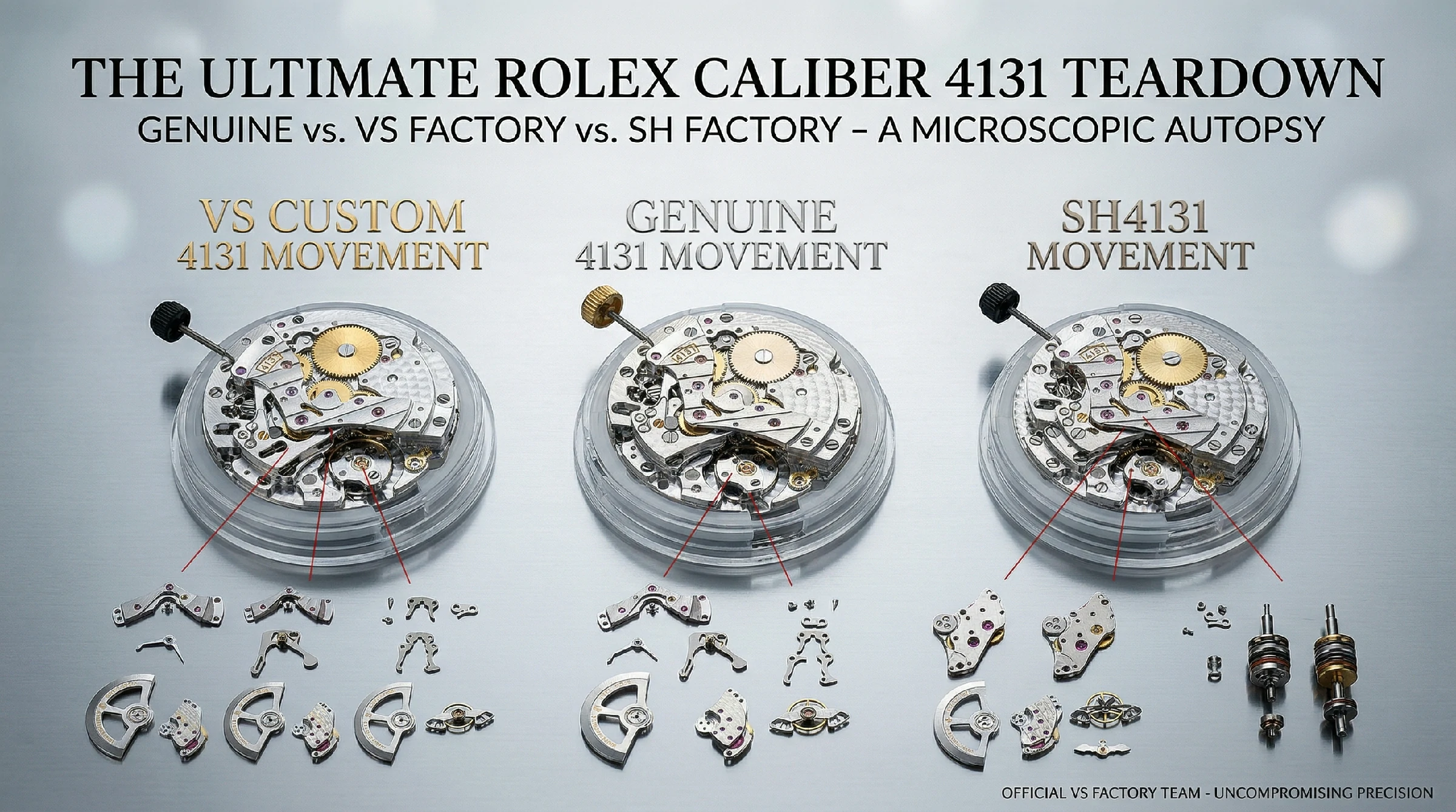 The Ultimate Rolex Caliber 4131 Teardown: Genuine vs VS Factory vs SH Factory – A Microscopic Horological Autopsy