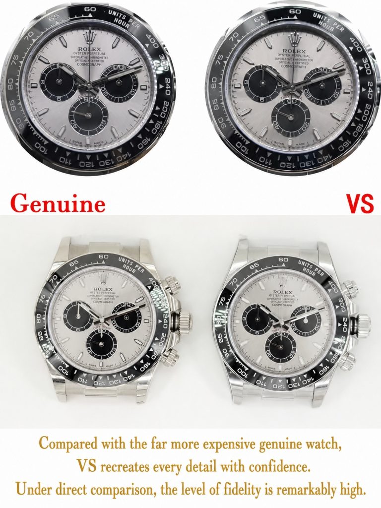 VS Factory Daytona 126519LN dial and bezel compared with genuine Rolex