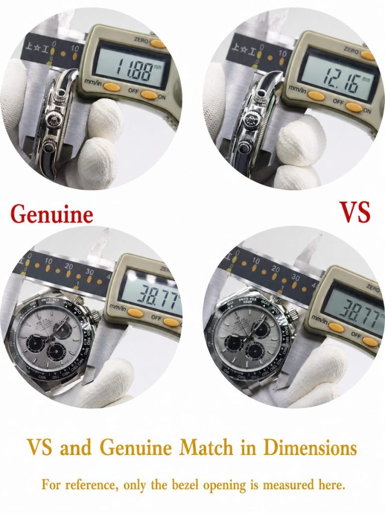VS Factory Daytona 126519LN thickness and diameter measurement compared with genuine Rolex