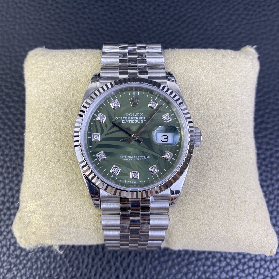 i1682349232_8605_0.jpg VS Factory Rolex Datejust 36mm Olive Green Palm Motif Diamond Dial Jubilee Bracelet (126234) 1:1 Super Clone – DD3235 Movement - Image 1