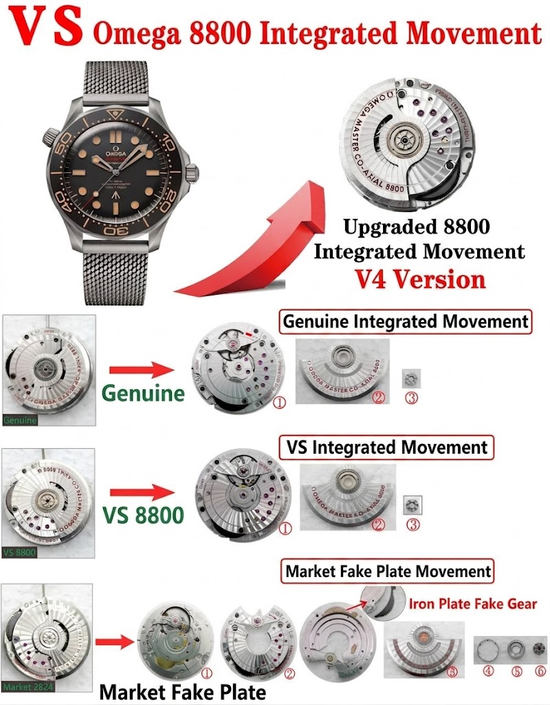 Structural breakdown of the integrated Dandong 8800 movement vs standard 2824 decorated clones