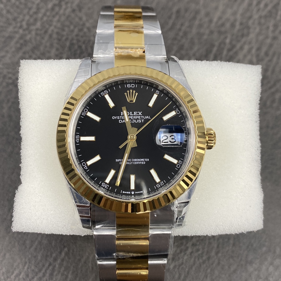vsf-12285-178b29ee45-i1609957185_3070_0-1 VS Factory Rolex Datejust 41mm Two-Tone Yellow Gold Black Sunburst Dial Fluted Bezel Oyster Bracelet (126333) 1:1 Super Clone – DD3235 Movement - Image 1