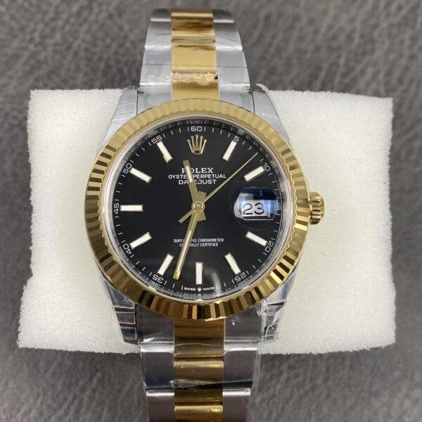 VS Factory Rolex Datejust 41mm Two-Tone Yellow Gold Black Sunburst Dial Fluted Bezel Oyster Bracelet (126333) 1:1 Super Clone – DD3235 Movement