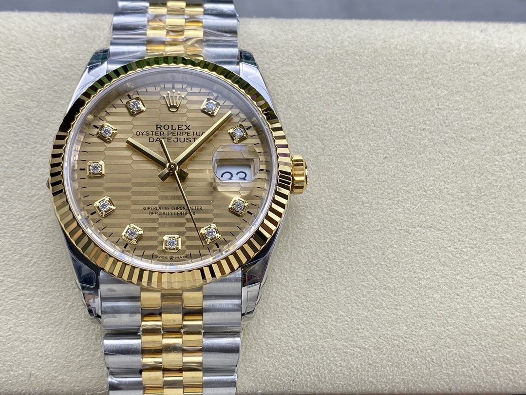 vsf-14344-25df72e81d-i1682238215_801_0-1 VS Factory Rolex Datejust 36 Two-Tone Yellow Gold Golden Fluted Motif Diamond Dial (126233) 1:1 Super Clone – DD3235 Movement - Image 1