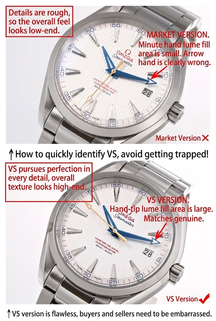 Minute hand arrow tip luminous filling comparison