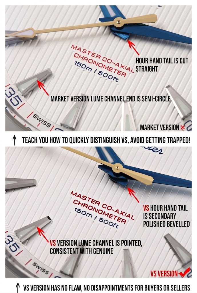 Hour hand tail chamfering and luminous slot shape differences