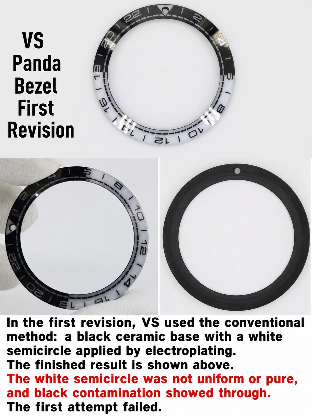Macro detail of Iteration 1 showing the uneven white half-ring with black grain contamination