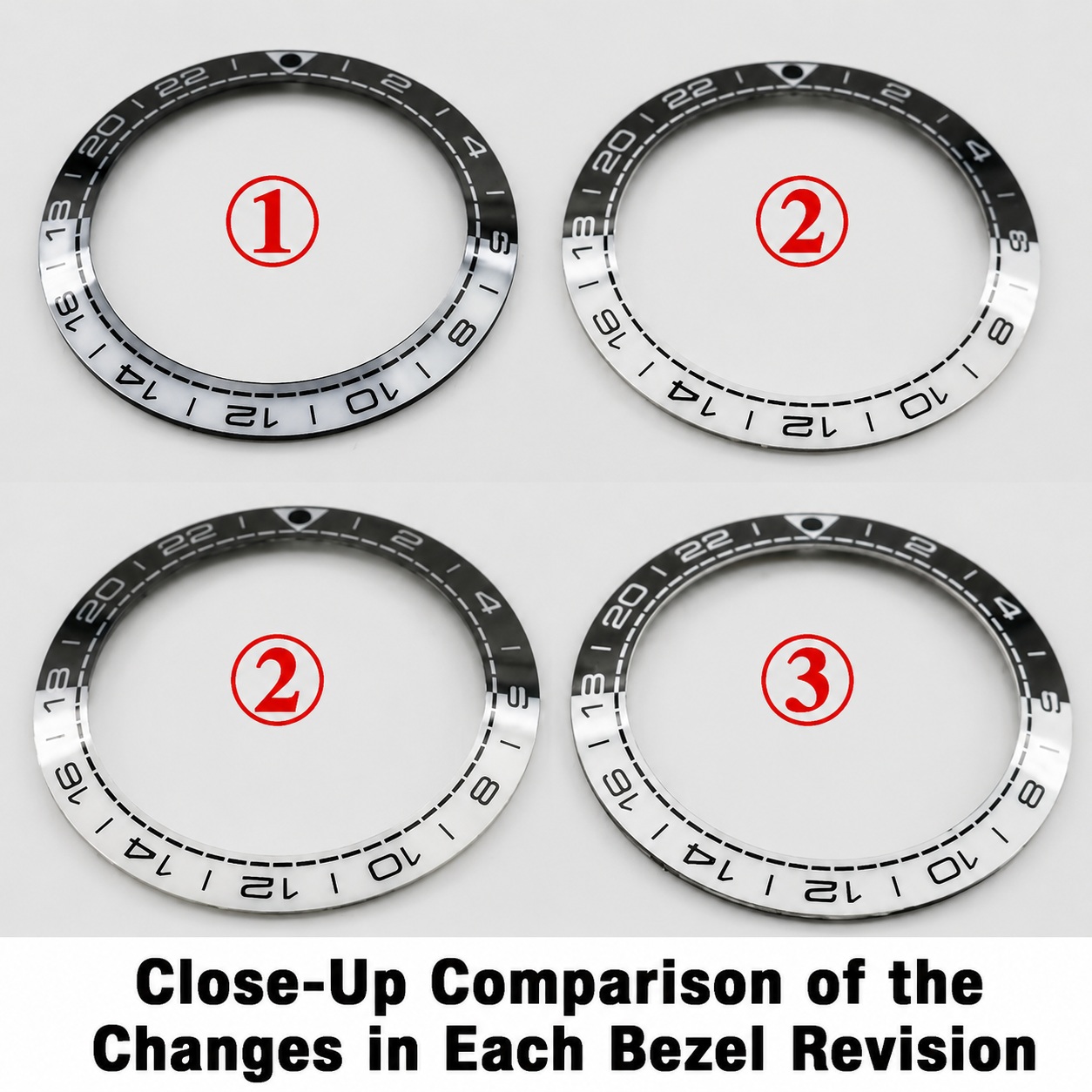 Side-by-side macro tracking of Phase 1, Phase 2, and Phase 3 ceramic bezel prototypes