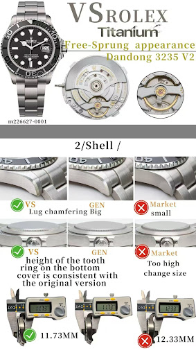 Digital caliper verifying the VSF Titanium Yacht-Master thickness at 11.73mm alongside lug chamfer comparisons