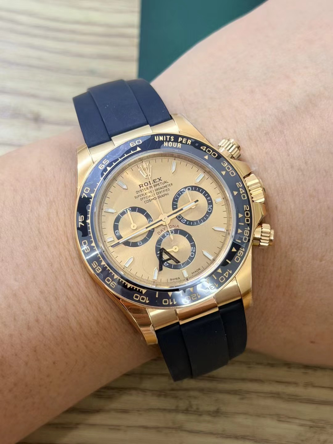Wrist profile view of the VSF Daytona Ref. 126518LN highlighting pusher alignment