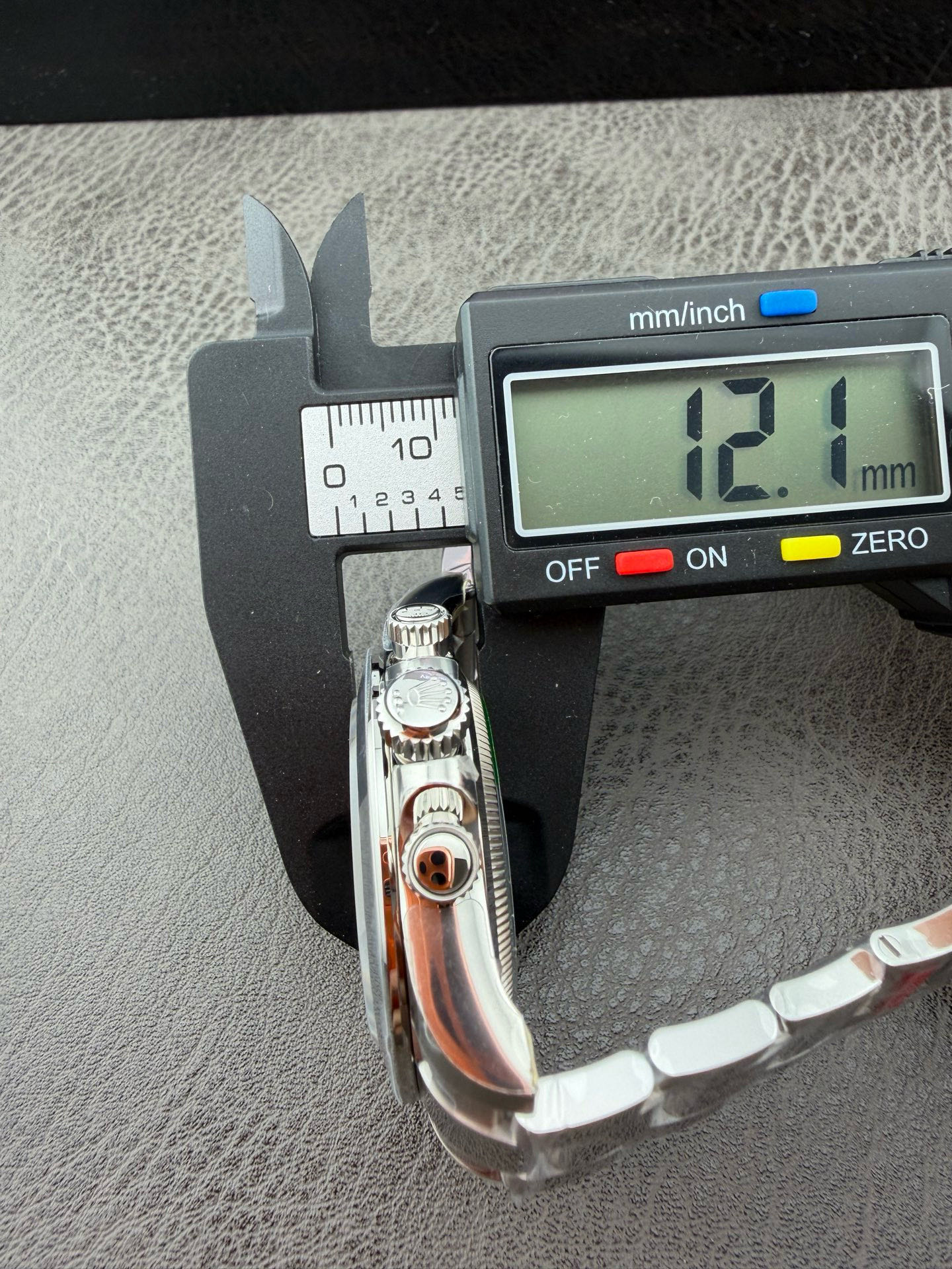 Precision digital caliper verifying the VSF Daytona case thickness at 12.1mm