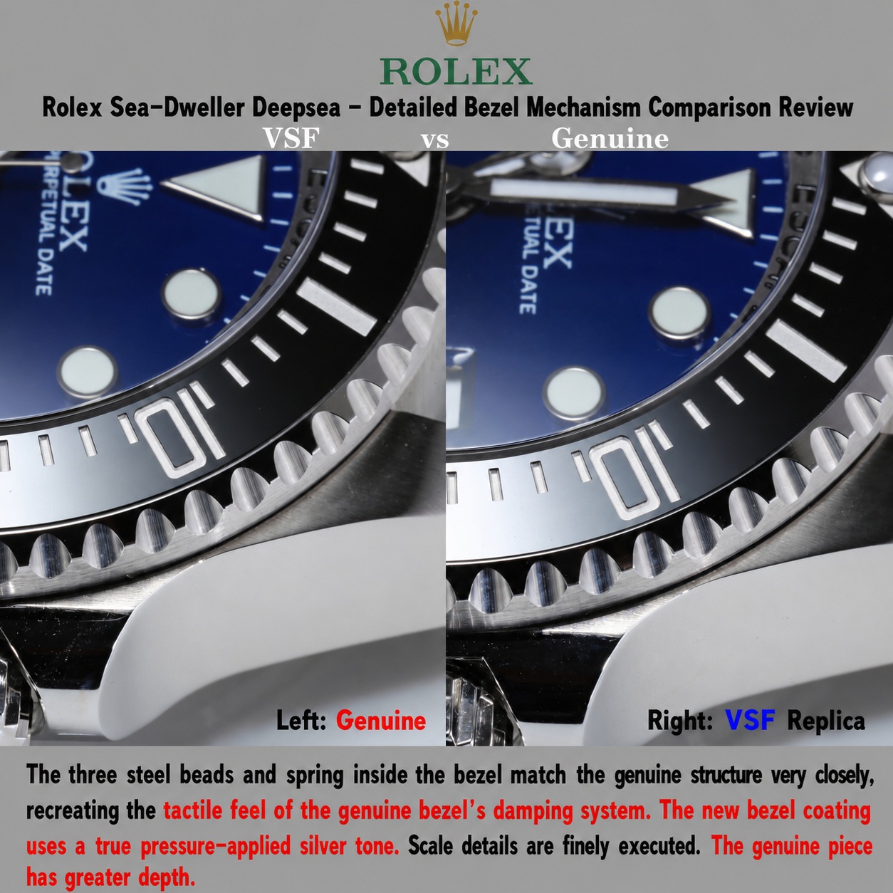 Macro detail of the VSF Cerachrom ceramic bezel showing the silver PVD filled tachymeter markings