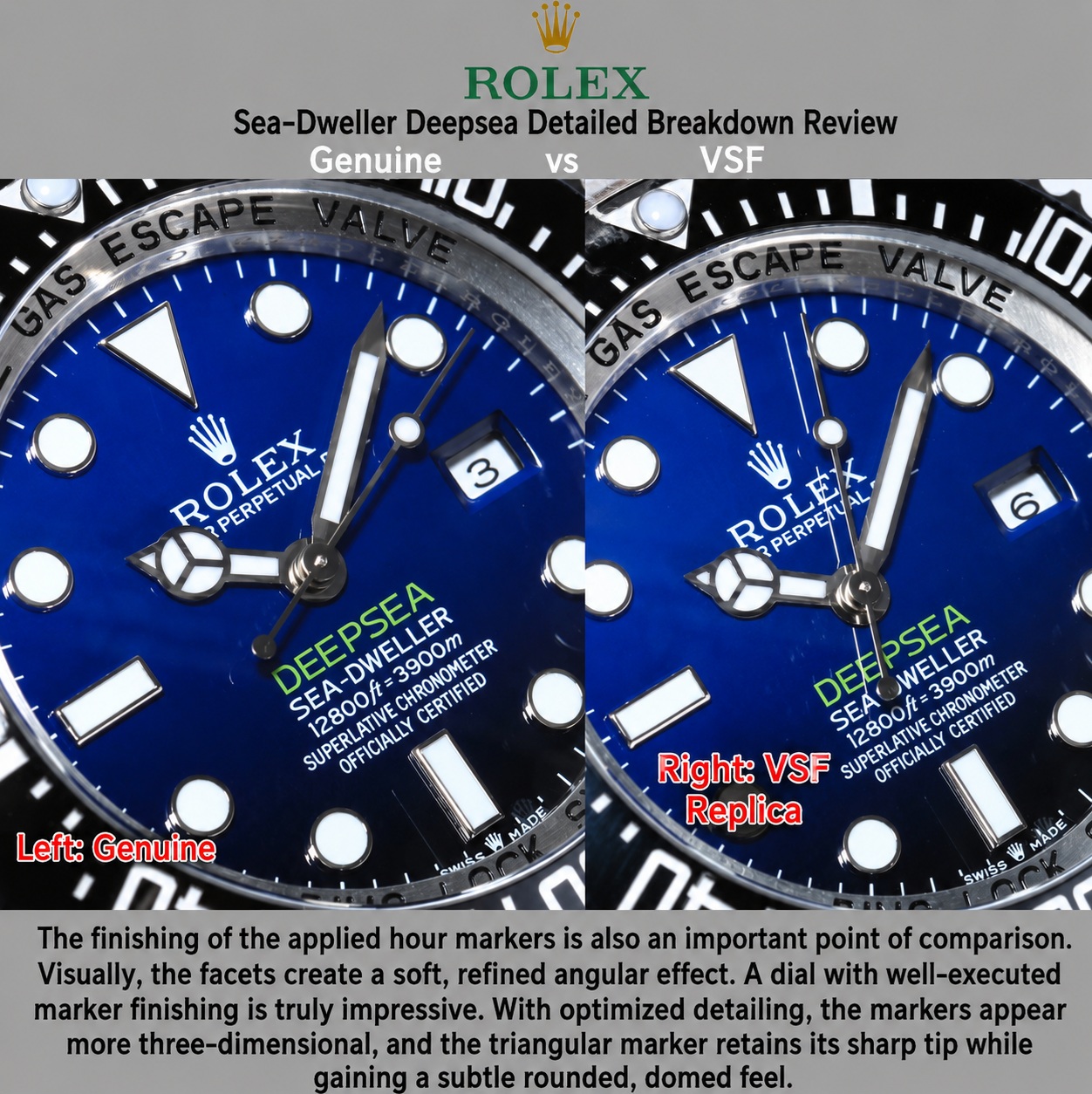 High-magnification split view of the VSF D-Blue dial gradient transition and 3D applied indices