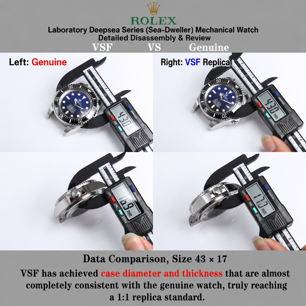 Precision digital caliper verification of the VSF Sea-Dweller Deepsea 126660 case diameter and thickness