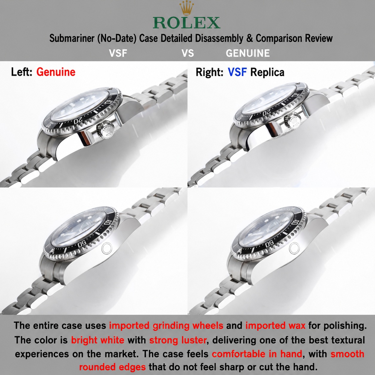 Micro profile comparison of the VSF case finish and smooth edge profiling against a genuine reference