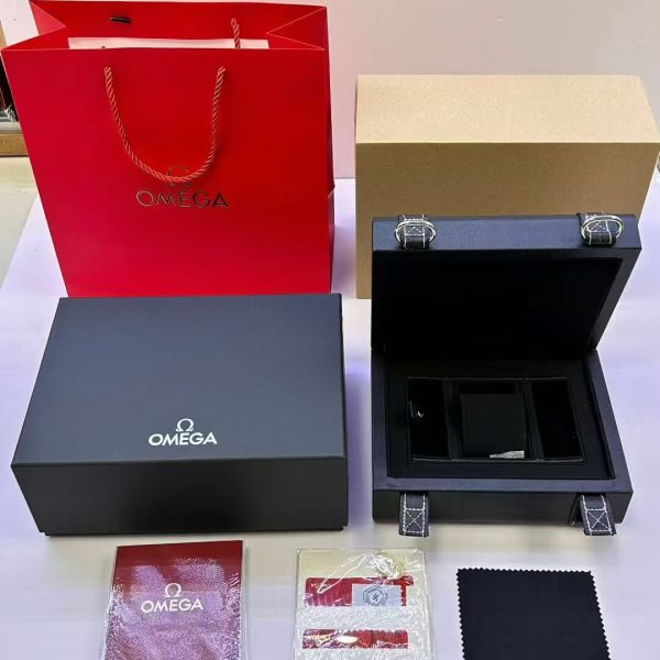Complete Omega Speedmaster watch box set with red gift bag