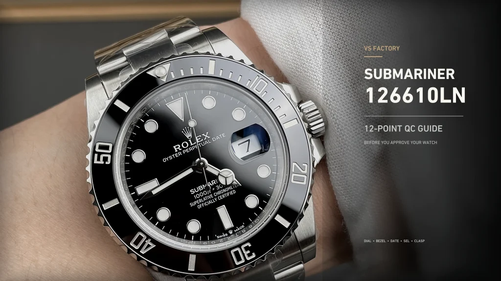VSF Submariner 126610LN 12-point QC guide cover featuring a close wrist view of the watch