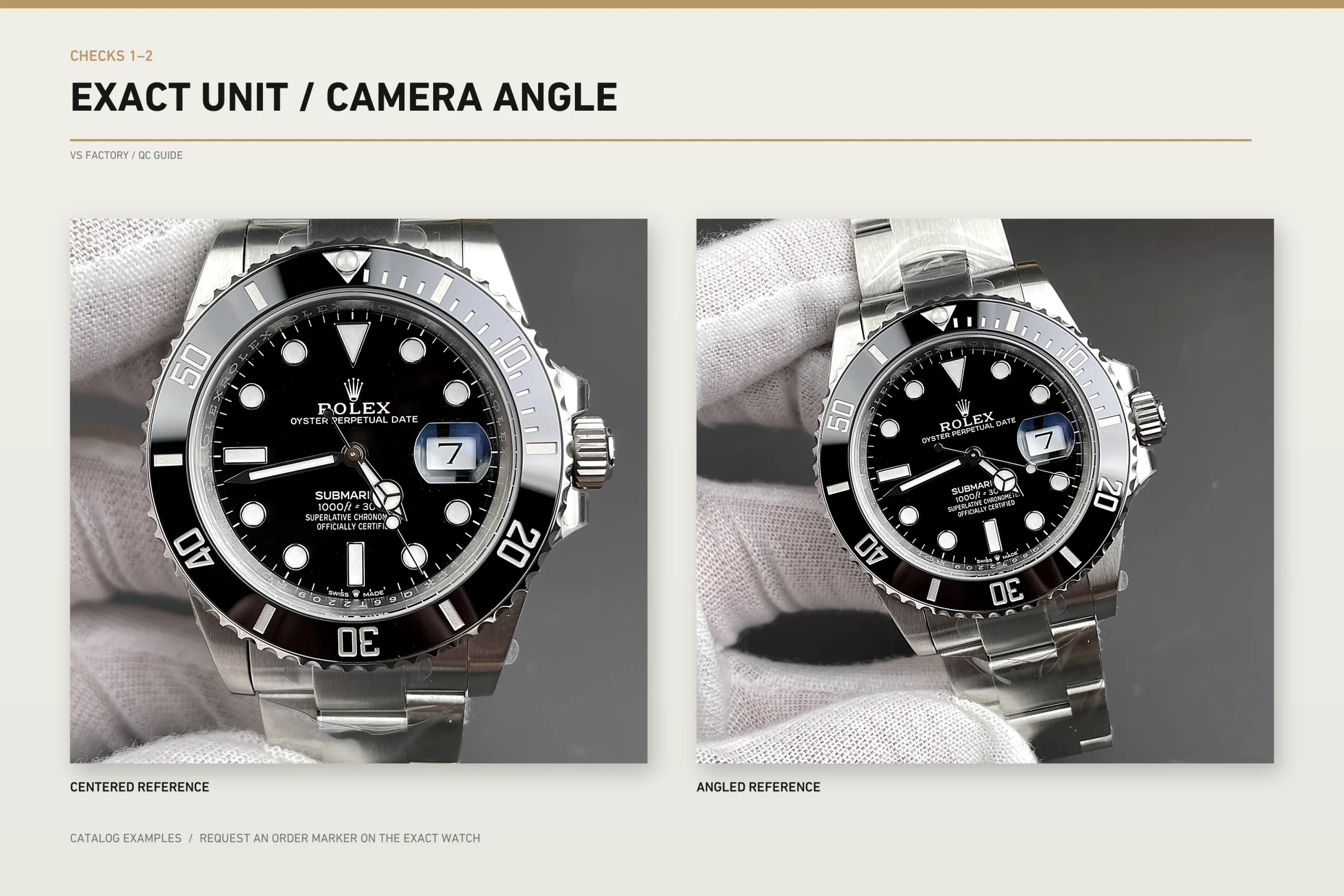 VSF Submariner 126610LN centered and angled catalog views for exact-unit and camera-angle QC checks