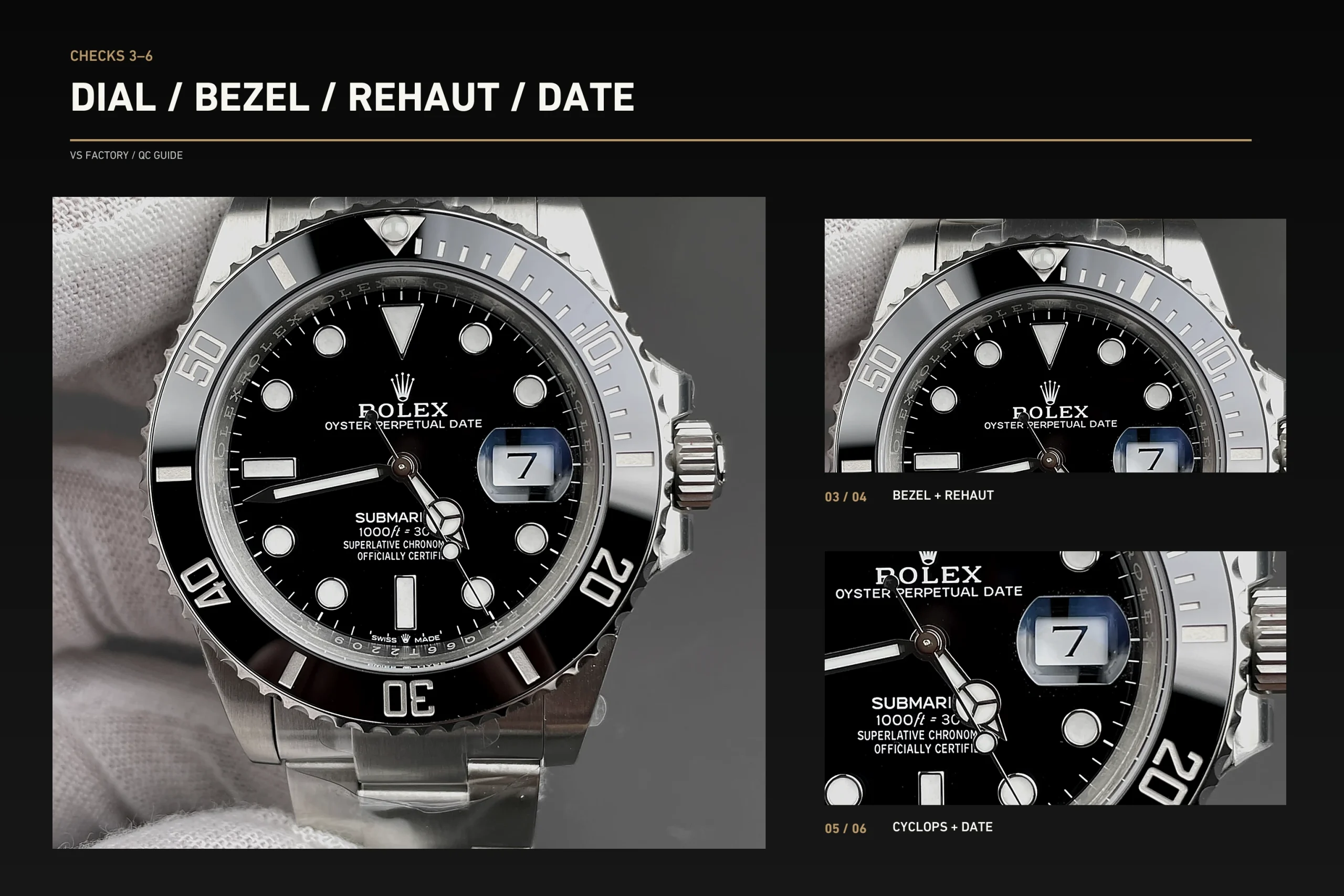 VSF Submariner 126610LN dial, bezel, rehaut, Cyclops, and date details from one catalog sample