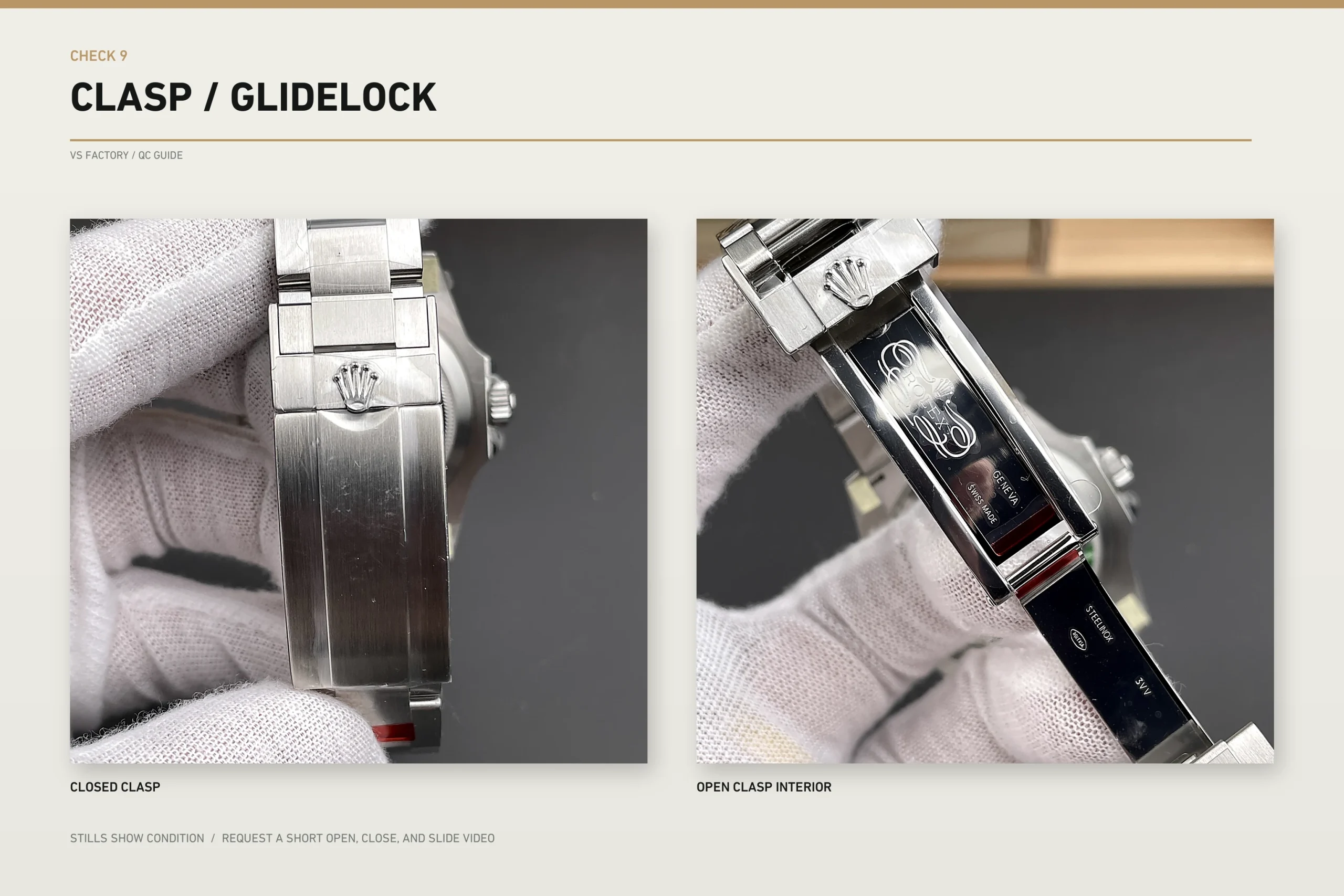 VSF Submariner 126610LN closed clasp and open clasp interior catalog views for bracelet QC checks